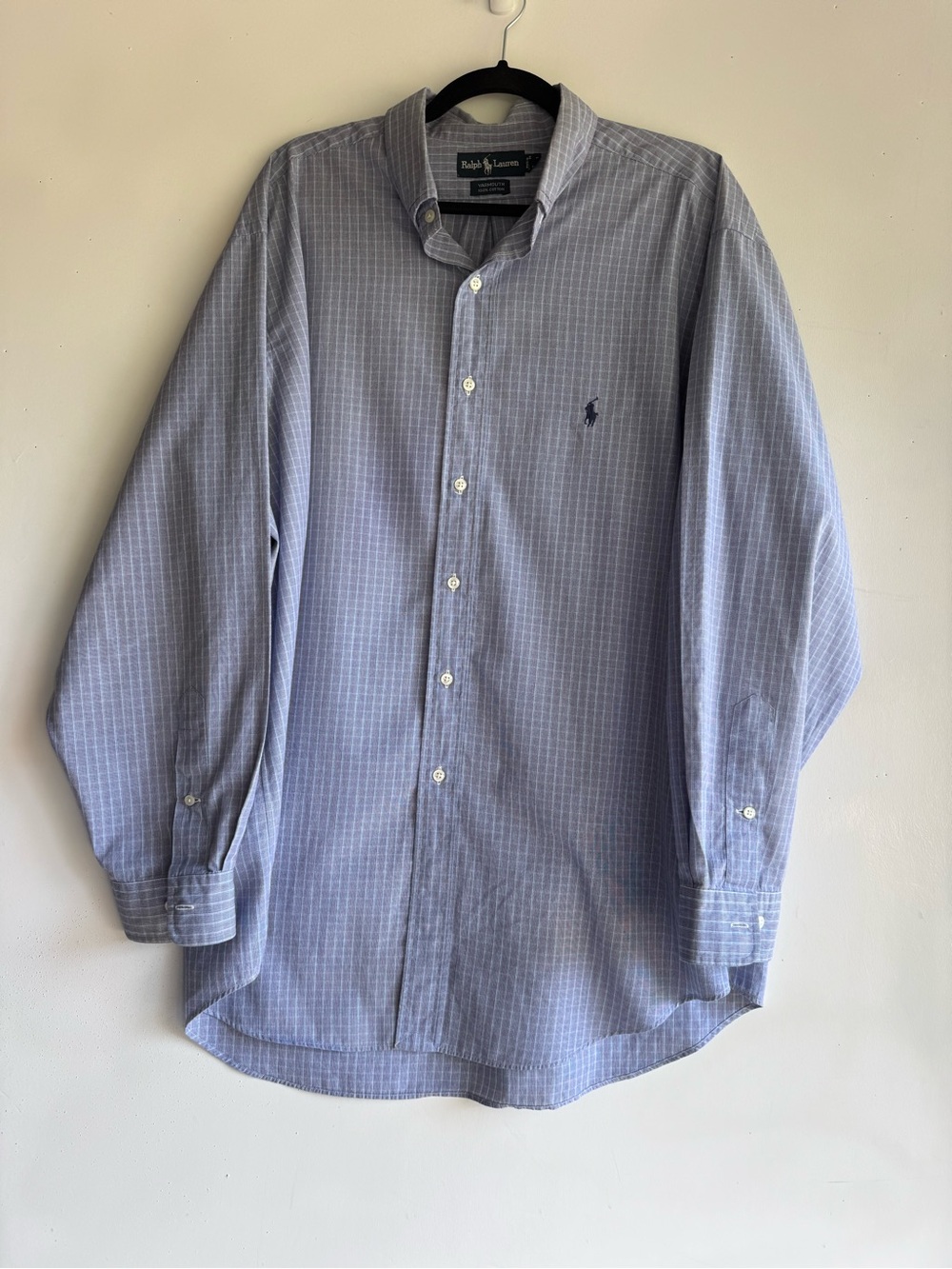 Ralph Lauren Blue Grid Button-Down 17.5/34-35 shirt EUC Yarmouth 100%Cotton
